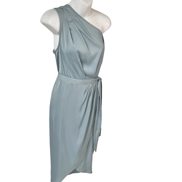 New Ruched Pale Blue Bodycon Dress Sz M One Shoulder Wrap Satin Cocktail Wedding - Picture 3 of 15